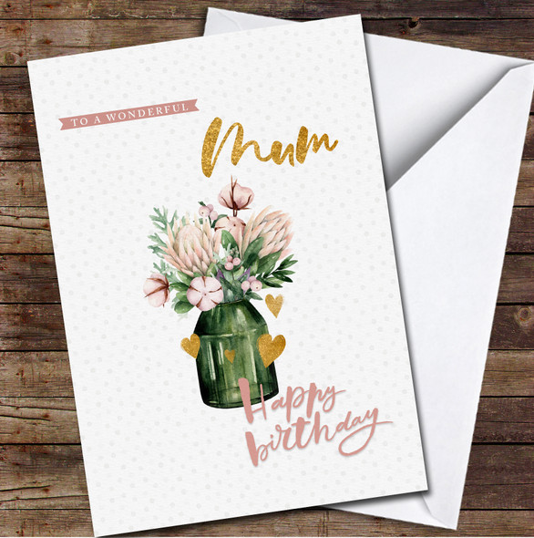 Wonderful Mum Happy Birthday Bouquet In Green Glass Personalised Birthday Card