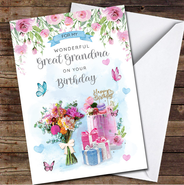 Great Grandma Floral Gifts Cake Painted Pink Blue Personalised Birthday Card