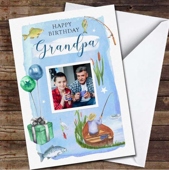 Grandpa Fishing Gift Balloons Painted Blue Photo Personalised Birthday Card