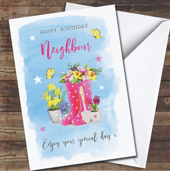 Neighbour Garden Wellies Shoes Flowers Girl Blue Personalised Birthday Card