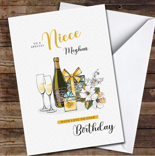 Niece Champagne With Flutes Presents Gold Floral Personalised Birthday Card