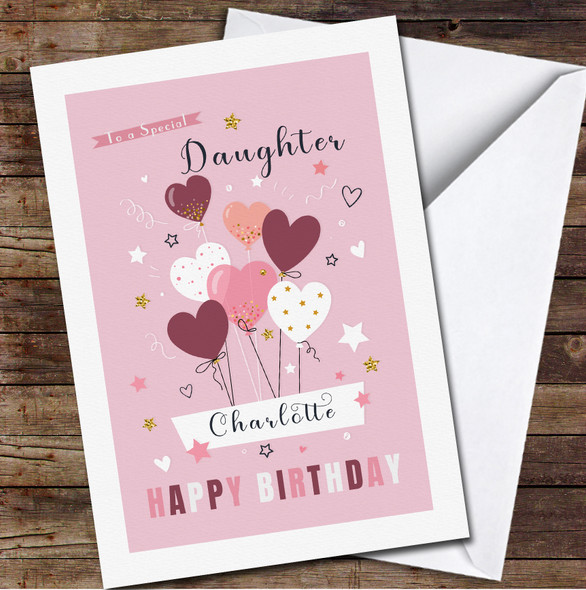 Pink Blush Special Daughter Heart Stars Balloons Personalised Birthday Card