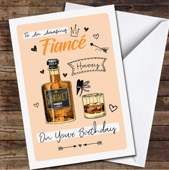 Fiancé Birthday Whiskey Bottle With A Glass Card Personalised Birthday Card