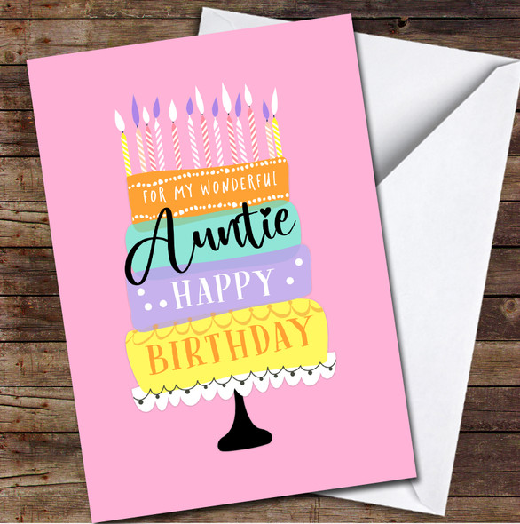 Auntie Cake Bright Colourful Pink Candles Heart Personalised Birthday Card