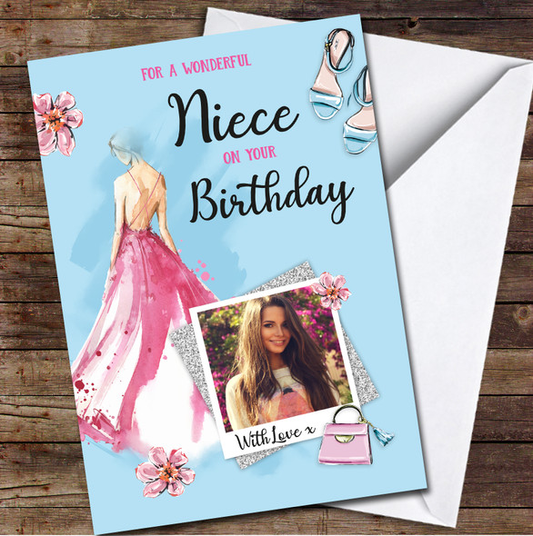 Niece Pink Dress Glam Beauty Blue Photo Female Personalised Birthday Card