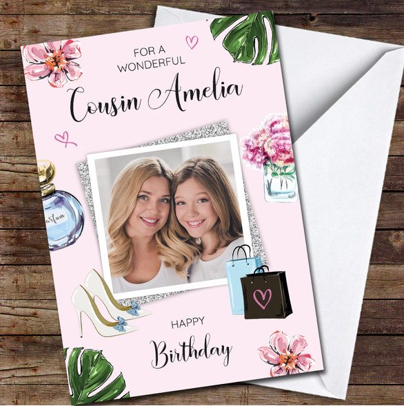 Cousin Pink Female Girl Fashion Pink Photo Glitter Personalised Birthday Card
