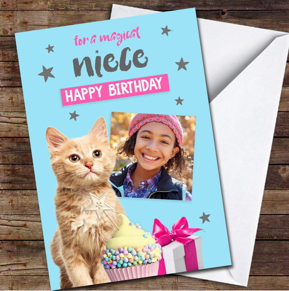 Niece Cat Ginger Cute Cupcake Gift Blue Photo Personalised Birthday Card