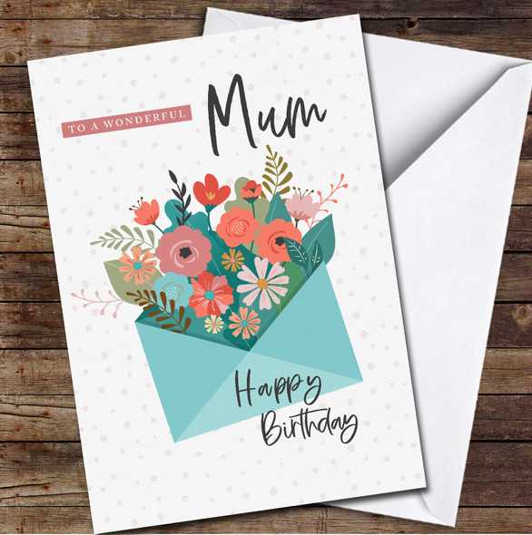 Green Envelope Flowers Dots Wonderful Mum Happy Personalised Birthday Card