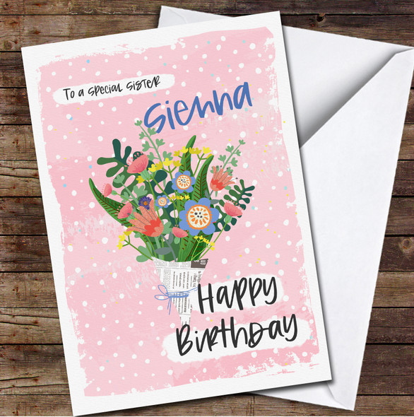 Special Sister Pink Background Bunch Of Flowers Personalised Birthday Card
