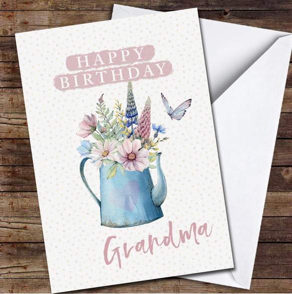 Watercolour Flowers In Water Can Happy Grandma Personalised Birthday Card