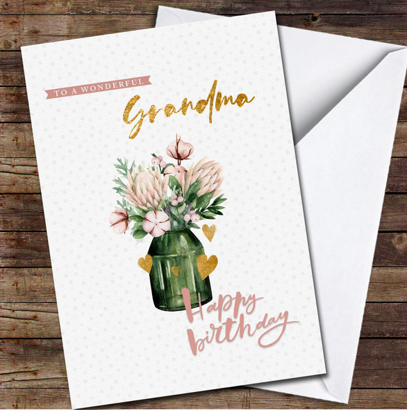 Wonderful Grandma Happy Bouquet In Green Glass Personalised Birthday Card