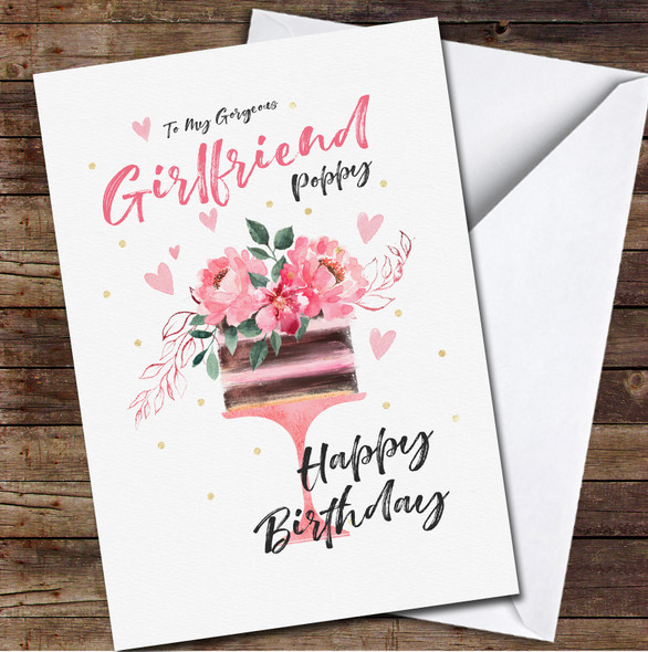 Girlfriend Watercolour Cake With Flowers Card Personalised Birthday Card