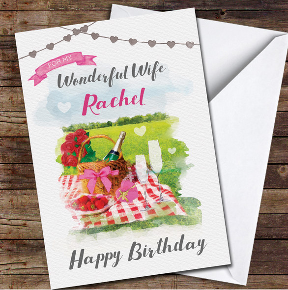 Wife Happy Birthday Picnic Romantic Painted Personalised Birthday Card