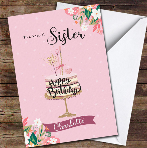 Sister Pink Stars Background Cake Flowers Personalised Birthday Card