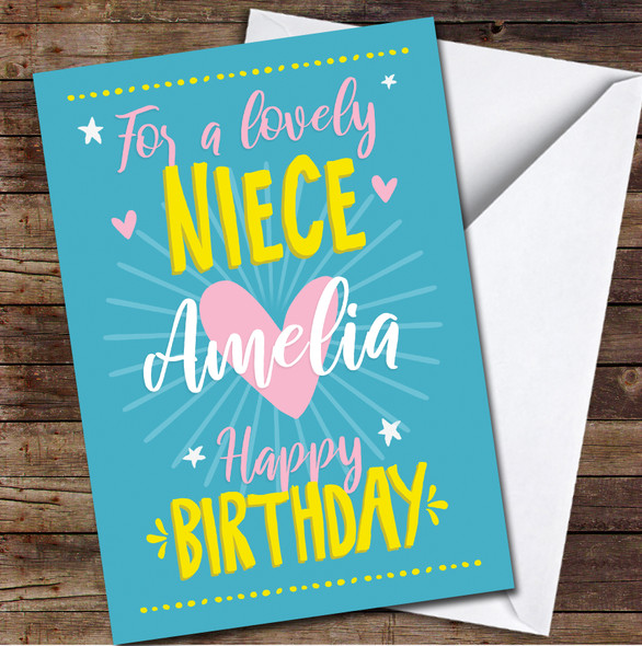 Niece Birthday Text Heart Typographic Turquoise Pink Personalised Birthday Card