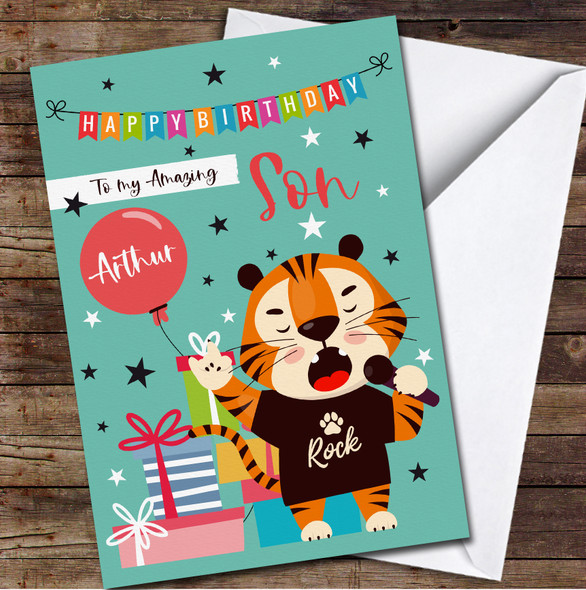 Amazing Son Happy Funny Singing Tiger Gifts Balloon Personalised Birthday Card