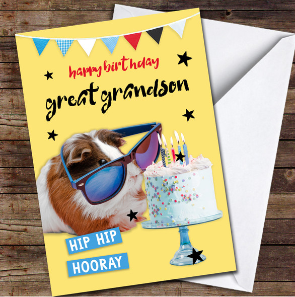 Great Grandson Happy Guinea Pig Fun Party Yellow Personalised Birthday Card