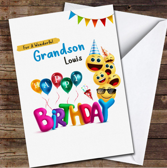 Wonderful Grandson Birthday Funny Party Emojis Personalised Birthday Card