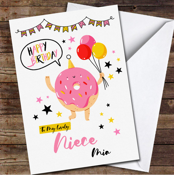 Niece Pink Cute Donut Character With Balloons Personalised Birthday Card