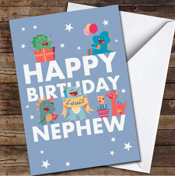 Blue Nephew Birthday Cute Party Dinosaurs Personalised Birthday Card