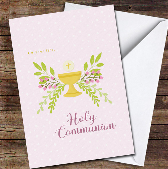 Pink Background Chalice Flowers First Holy Communion Personalised Card