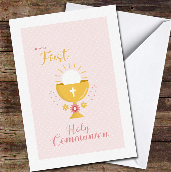 Pink Background Chalice Gold First Holy Communion Personalised Card