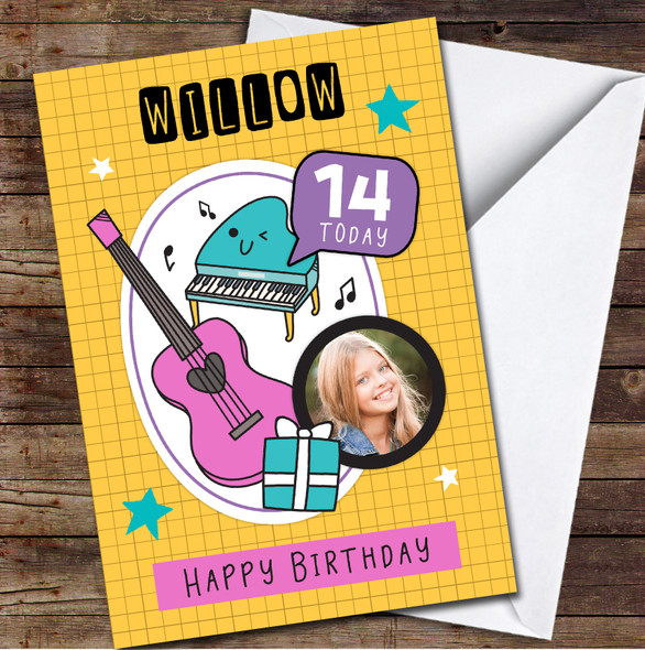 14th Girl Music Photo Orange Guitar Piano Yellow Any Age Birthday Card