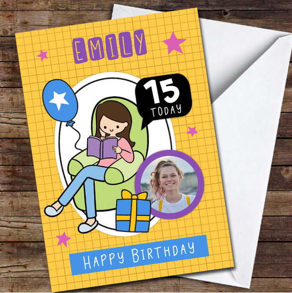 15th Girl Photo Book Lover Reader Yellow Any Age Personalised Birthday Card