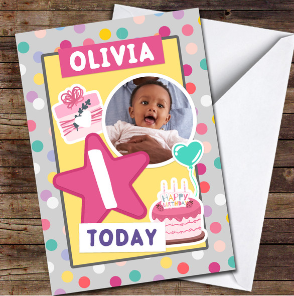 1st Girl Polka Dot Pattern Photo Any Age Personalised Birthday Card