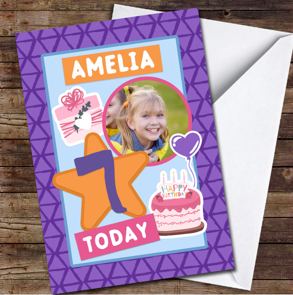 7th Girl Purple Orange Pattern Photo Any Age Personalised Birthday Card