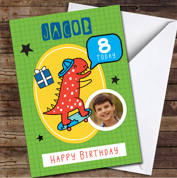 8th Boy Dinosaur Photo Green Stars Any Age Personalised Birthday Card