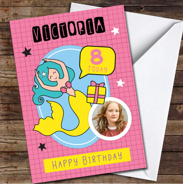 8th Girl Mermaid Yellow Photo Sea Pink Any Age Personalised Birthday Card