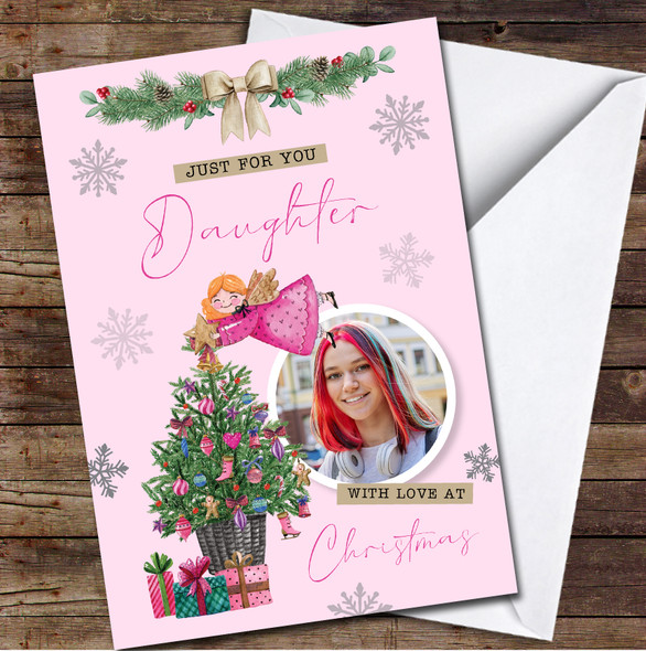 Daughter Pink Angel Tree Photo Any Text Personalised Christmas Card