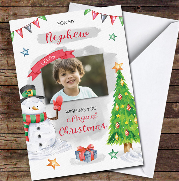 Nephew Magical Snowman Tree Photo Any Text Personalised Christmas Card