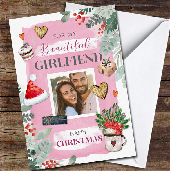 Girlfriend Pink Romantic Hearts Love Photo Any Text Personalised Christmas Card