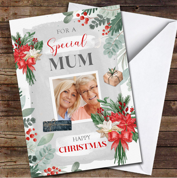 Mum Flowers Red Grey Gifts Photo Any Text Personalised Christmas Card