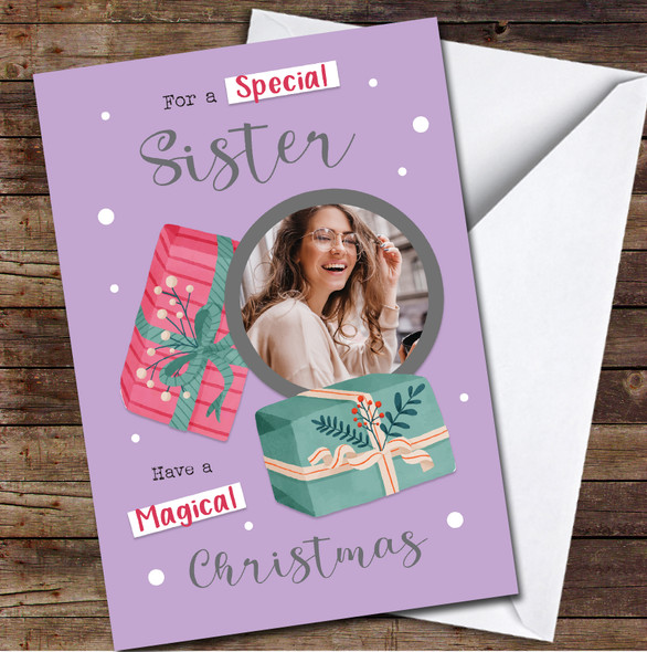 Sister Gifts Purple Photo Magical Any Text Personalised Christmas Card