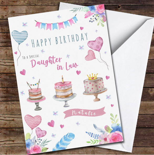 Daughter In Law Watercolour Cakes And Heart Balloons Any Text Birthday Card