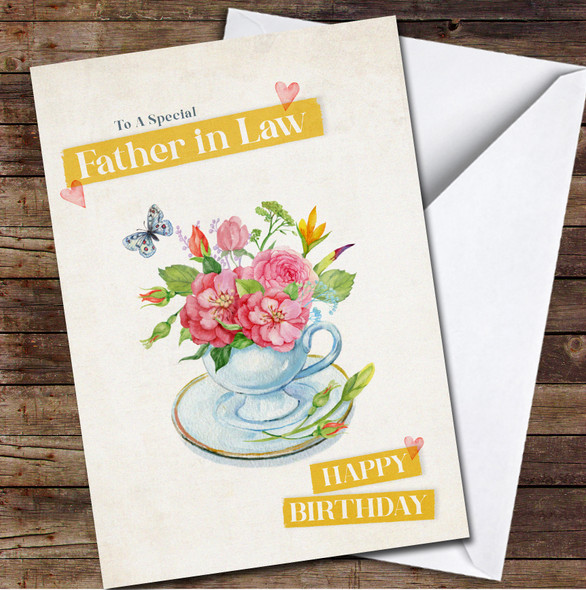 Father In Law Bouquet Of Flowers In A Cup Any Text Personalised Birthday Card