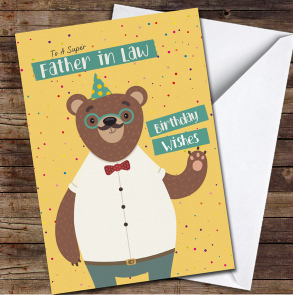 Father In Law Cute Bear Wearing Party Hat Any Text Personalised Birthday Card