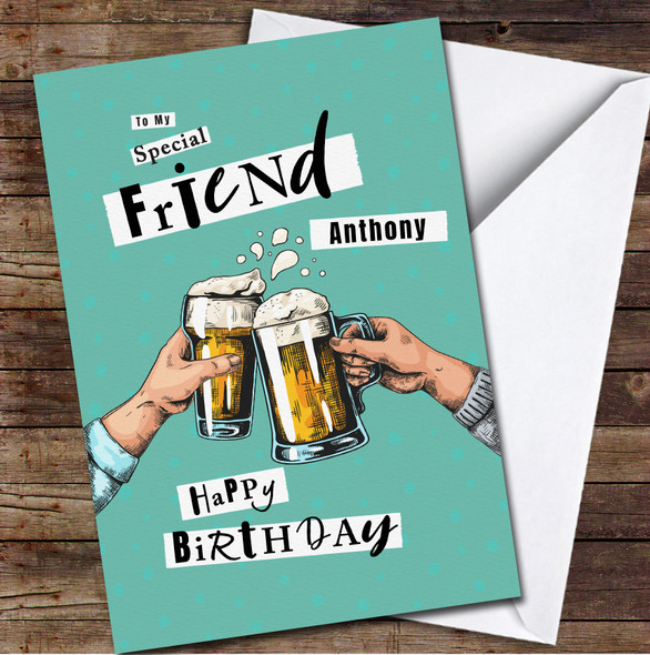 Friend Two Hands Hold Beers Any Text Personalised Birthday Card