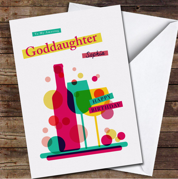 Goddaughter Glasses And Wine Any Text Personalised Birthday Card