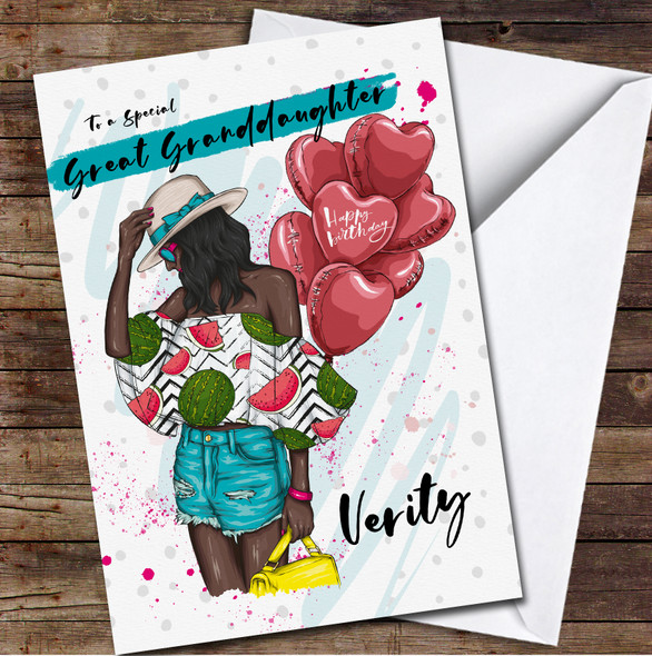 Great Granddaughter Dark Skin Fashion Woman Any Text Personalised Birthday Card
