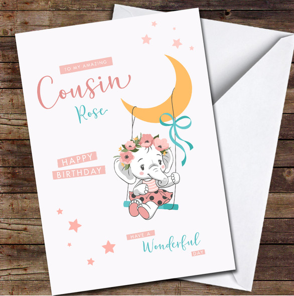 Cousin Cute Elephant On A Swing Any Text Personalised Birthday Card