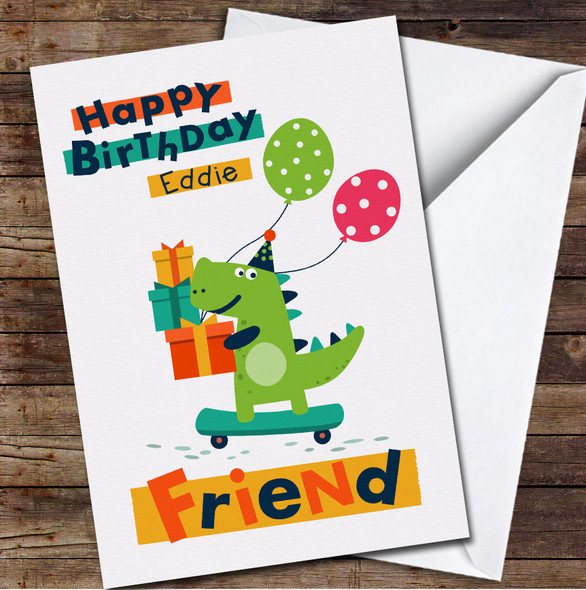 Friend Crocodile Skateboard Holding Presents And Balloons Any Text Birthday Card