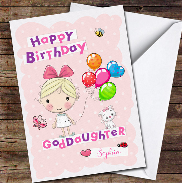 Goddaughter Cute Blonde Hair Girl Holding Balloons Any Text Birthday Card