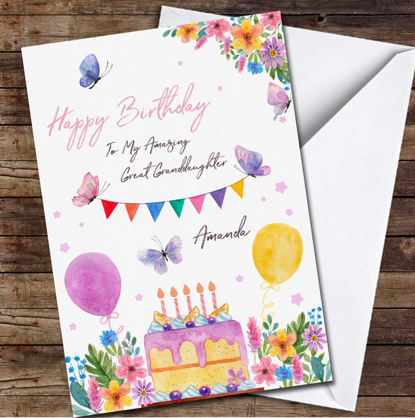 Great Granddaughter Watercolour Cake With Balloons And Flowers Birthday Card