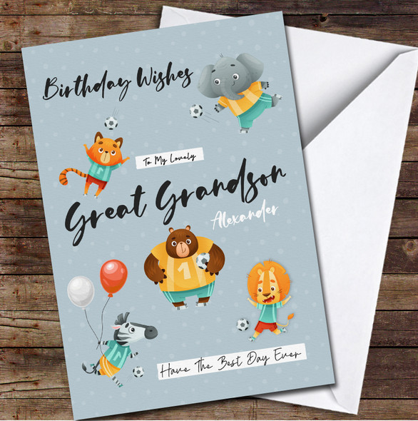 Great Grandson Team Of Wild Animals Playing Football Any Text Birthday Card