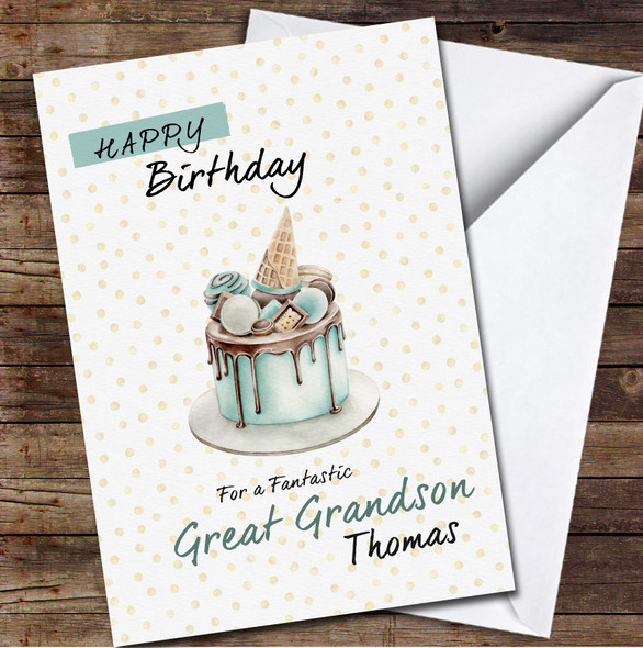 Great Grandson Watercolour Cake With Sweets Decor Any Text Birthday Card