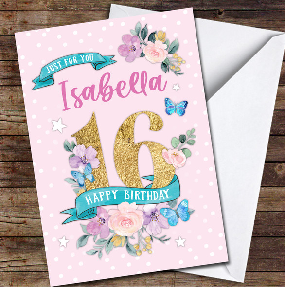 16th Girl Female Flowers Butterfly Pink Any Age Personalised Birthday Card